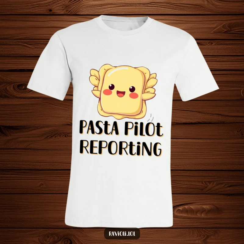 Funny ravioli t-shirt showing a pasta with small wings attempting to fly, a comical and imaginative food design.