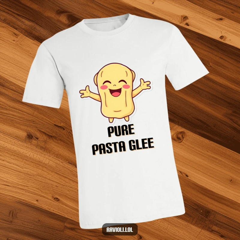 Funny Ravioli T-Shirt with a pasta character joyfully laughing with arms open, designed for maximum happiness.