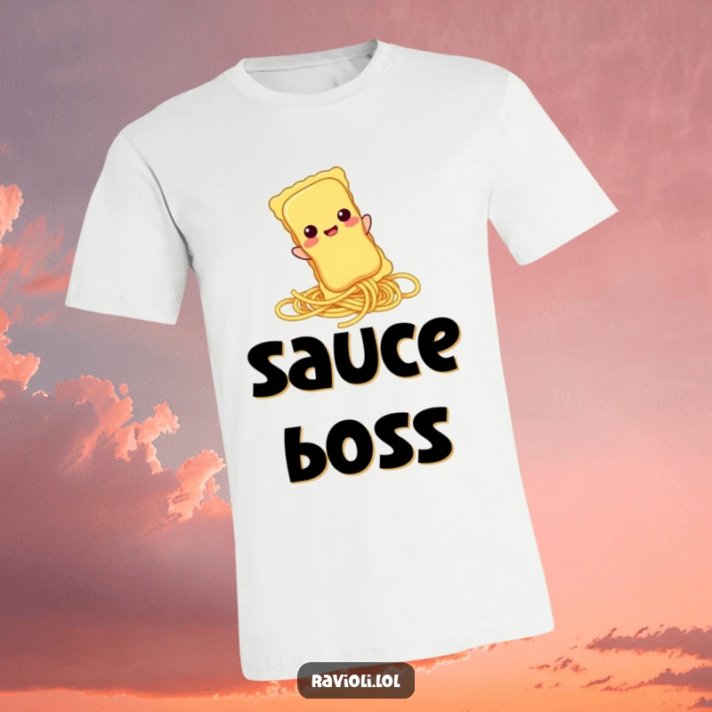 Funny ravioli character sliding down a spaghetti strand on a t-shirt, showcasing a humorous pasta adventure.
