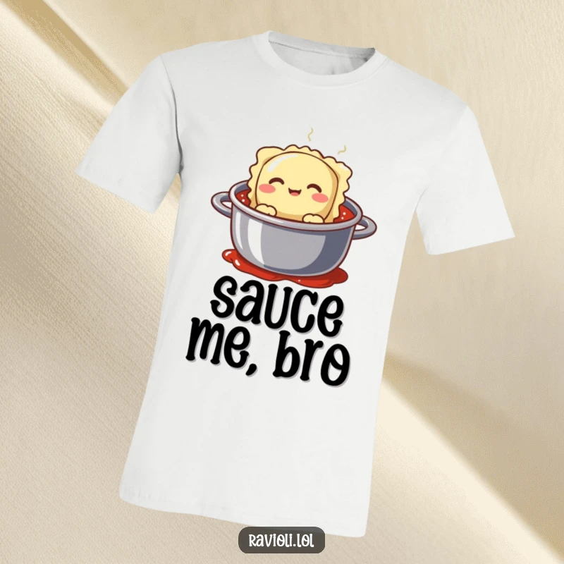 Funny ravioli character making a silly face as it peeks from a pot of simmering sauce, a humorous t-shirt.
