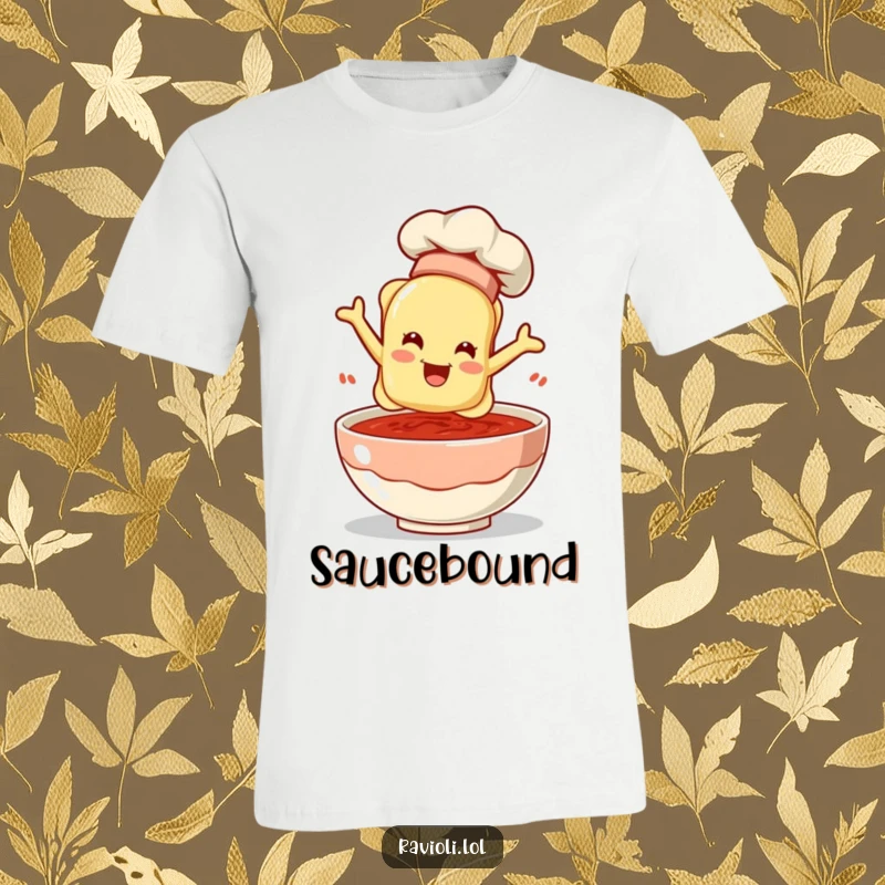 A ravioli wearing a chef hat joyfully leaps into a bowl of sauce on this funny t-shirt, a fun culinary design.