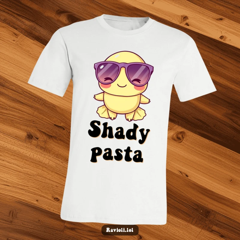 Funny ravioli character sporting oversized sunglasses and a wink on a t-shirt, radiating cool and playful vibes.