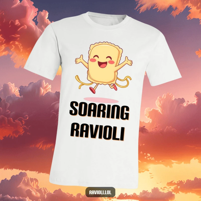 Funny happy ravioli character doing a joyful jump with pasta trailing, on a humorous t-shirt, perfect gift.