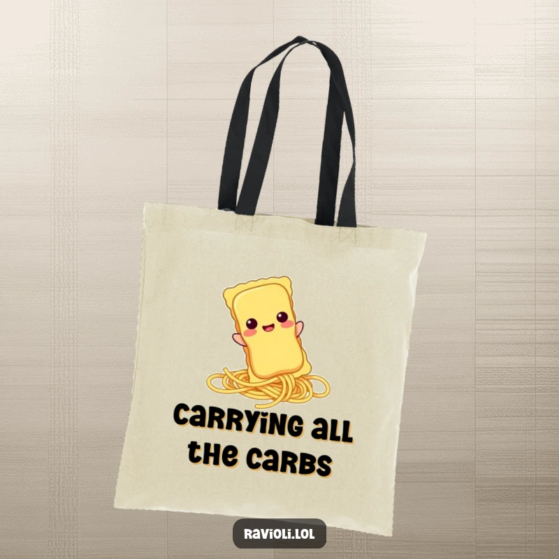 Funny ravioli character sliding down a spaghetti strand on a reusable tote bag, a humorous pasta-themed accessory.