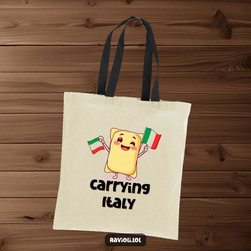 Funny ravioli character jubilantly waving an Italian flag, on a stylish tote bag, a humorous and practical gift.