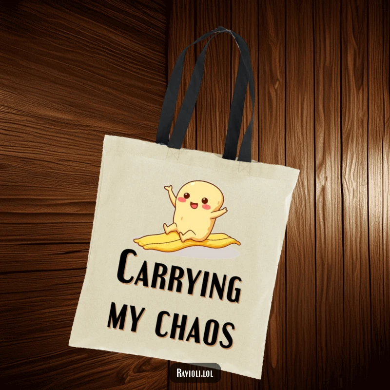 Funny ravioli character comically slipping on a banana peel, a hilarious design on a practical tote bag.