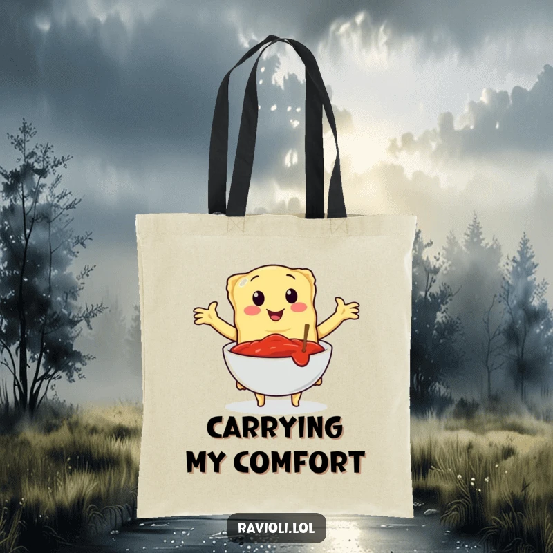 Funny tote bag featuring a ravioli character embracing a bowl of marinara sauce, perfect for carrying essentials with Italian culinary passion.