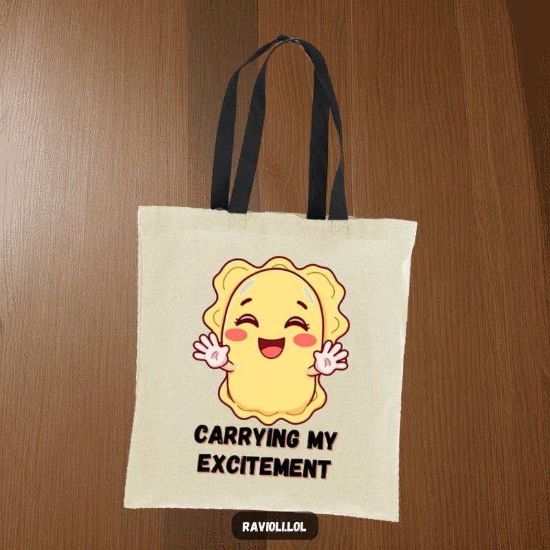 Funny ravioli character enthusiastically waving with both hands, a functional and cheerful tote bag.