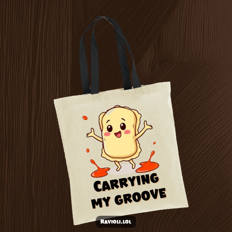 Funny tote bag featuring a happy ravioli character dancing with energetic sauce splatters around it, perfect for carrying goods.