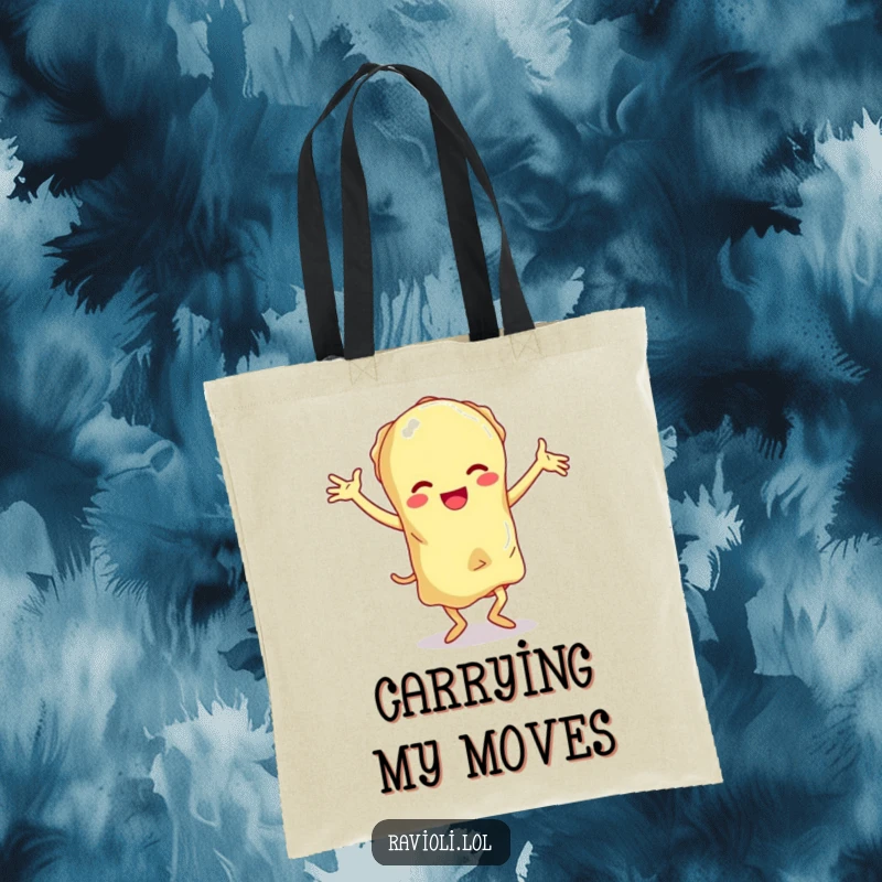 Funny ravioli character with exaggerated floppy limbs doing a clumsy dance, a humorous and practical tote bag.