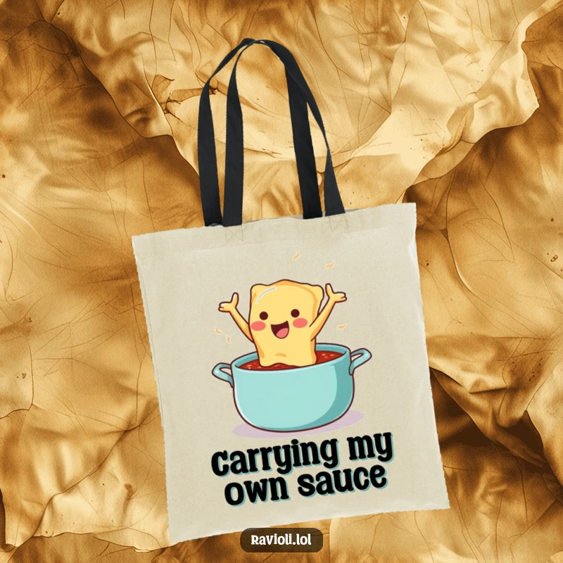 Funny tote bag designed with a happy ravioli character joyfully diving into a luscious pot of sauce, a delightful foodie accessory.
