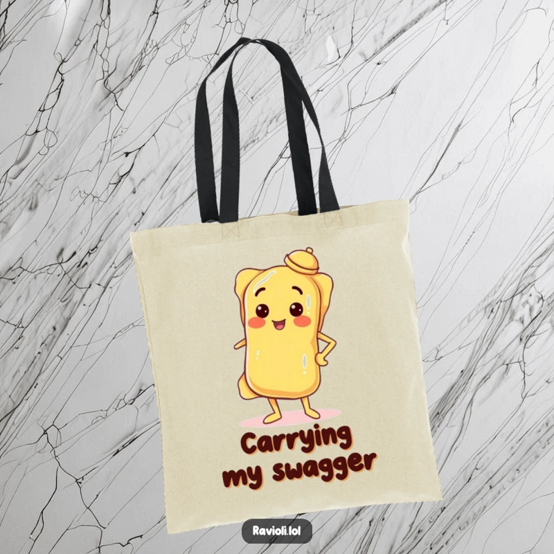 Durable tote bag featuring a confident ravioli with hand on hip and tilted hat, perfect for carrying essentials with Italian flair.