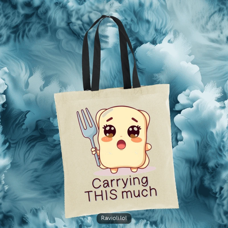 Funny ravioli character with wide surprised eyes holding a giant fork, a tote bag with pasta shock humor, excellent funny gift.