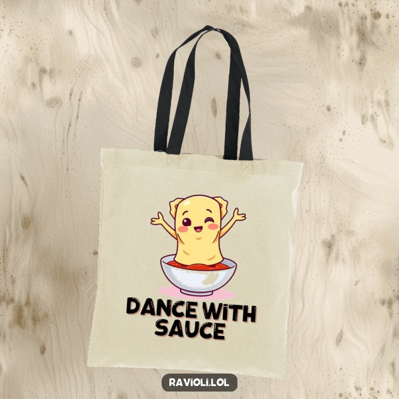 Durable tote bag featuring a funny ravioli character doing a silly dance around a bowl of sauce, perfect for grocery runs and errands.
