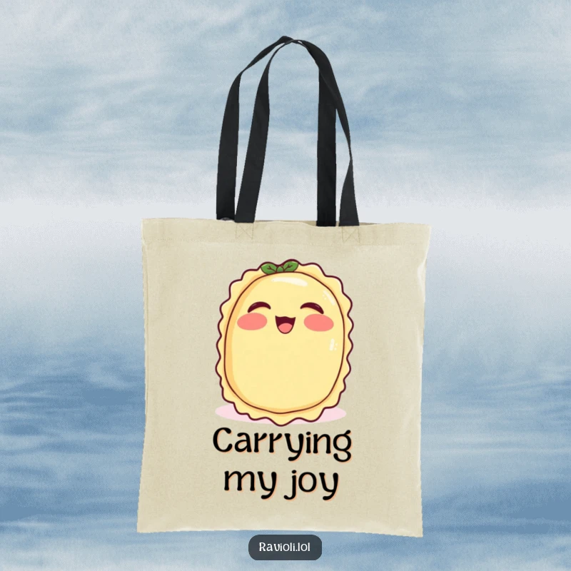 Funny ravioli with rosy cheeks giggling uncontrollably, tote bag featuring a joyful Italian pasta character, great funny tote.