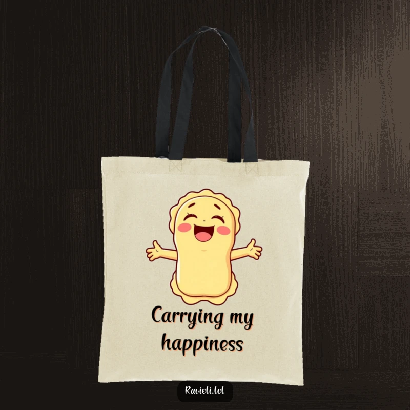 Funny ravioli character laughing heartily with arms wide, featured on a durable tote bag for a humorous shopping experience.