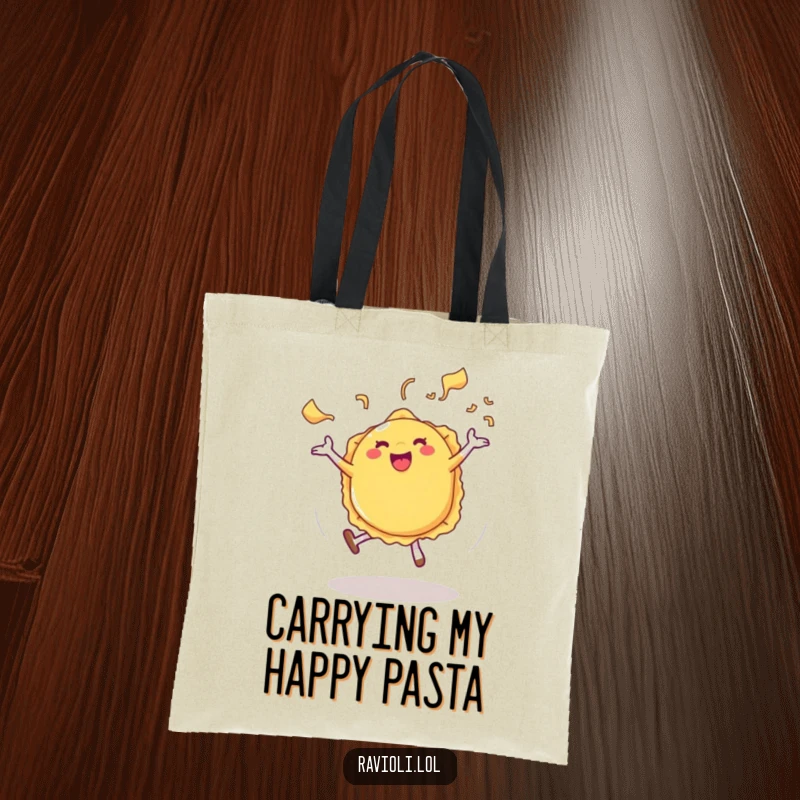 Funny Ravioli Tote Bag depicting a ravioli character's energetic cartwheel and pasta steam, a fun shopping companion.