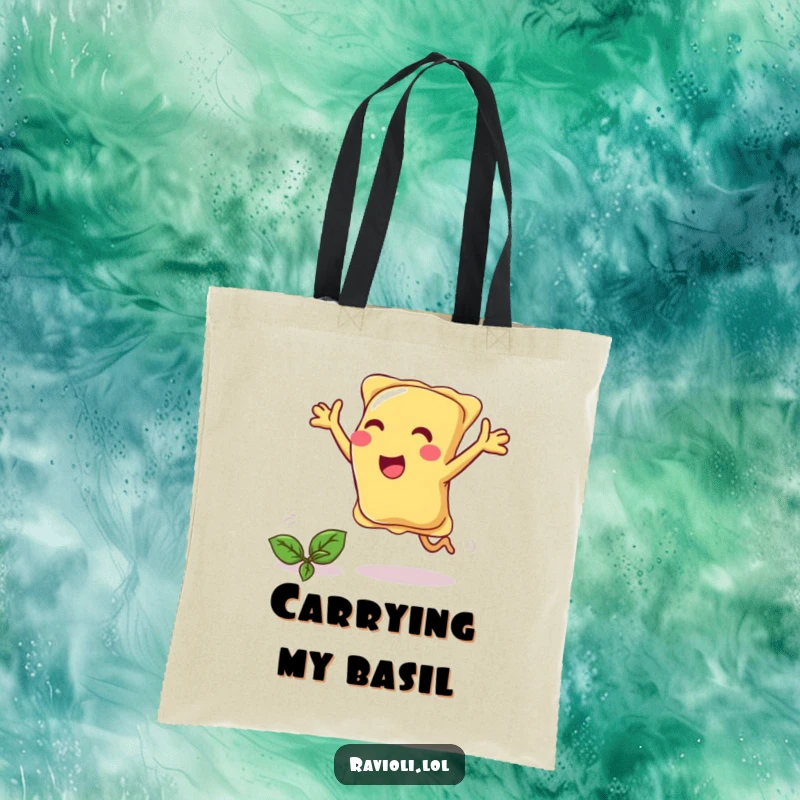 Funny ravioli joyfully chases a basil leaf with open arms, tote bag.