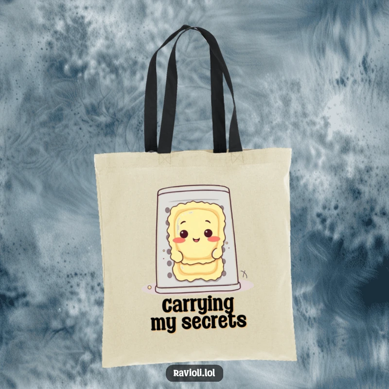 Funny ravioli character hiding behind a large cheese grater, a whimsical and humorous tote bag for food lovers.