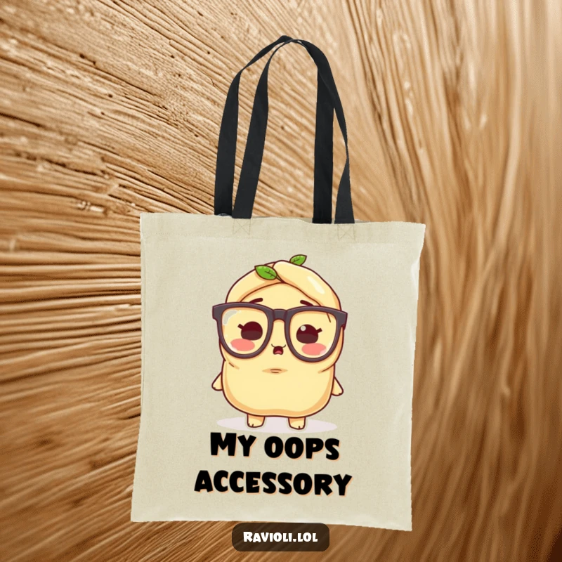 Funny ravioli character wearing tiny oversized glasses, looking surprised, a stylish and amusing tote bag.