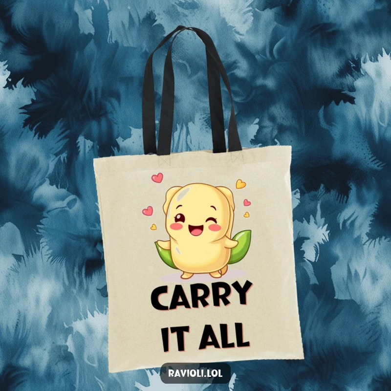 Funny ravioli character energetically juggling small peas on a durable tote bag, designed for stylish and humorous everyday use.
