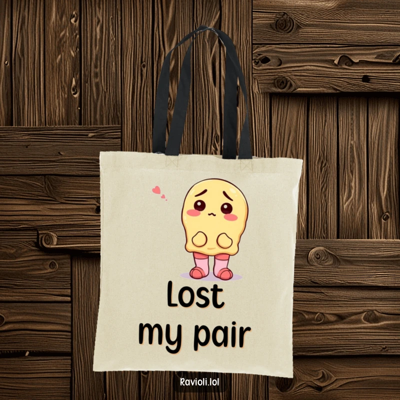Durable tote bag featuring a funny ravioli character looking very confused, wearing mismatched socks, perfect for carrying your day's adventures.