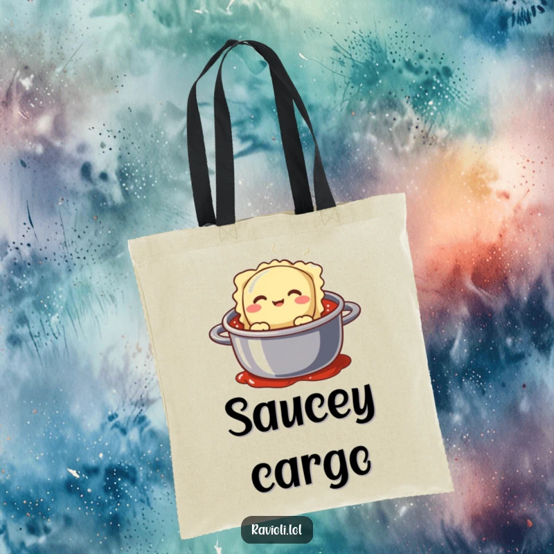 Funny ravioli character peeking from a pot of sauce with a silly face, a humorous and functional tote bag.