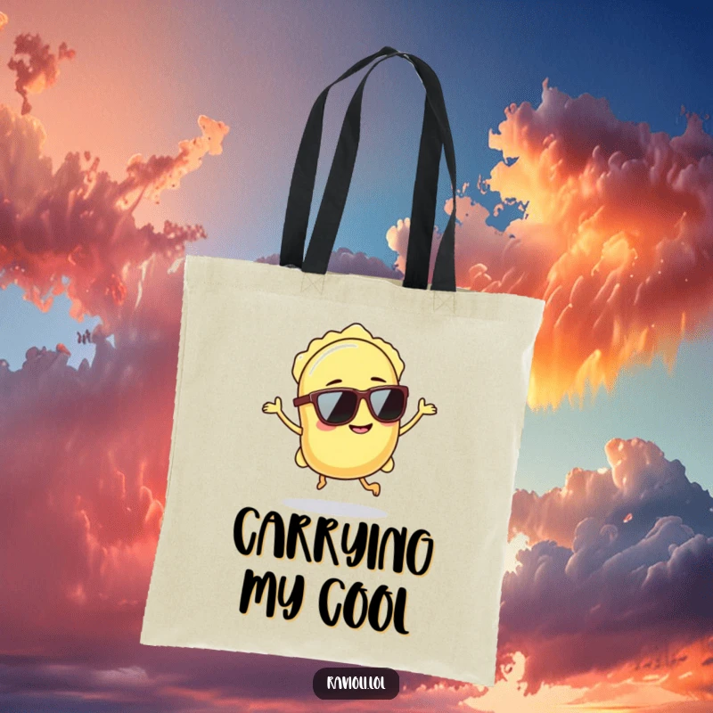 Funny ravioli wearing sunglasses hops with a confident grin, stylish tote bag.