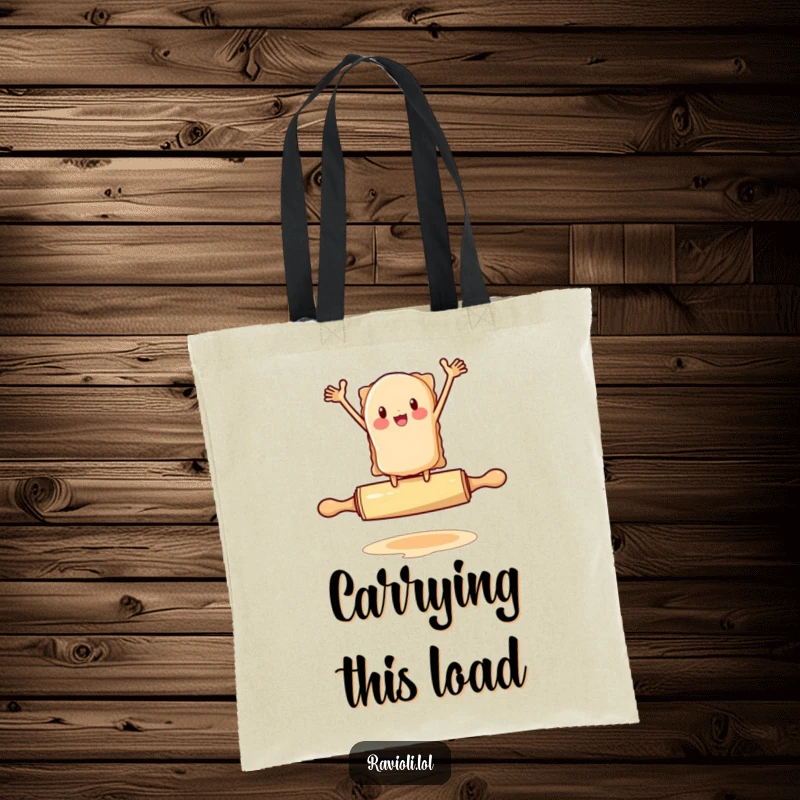 Funny ravioli character flailing arms while balancing on a rolling pin, a tote bag with pasta humor, excellent funny gift.