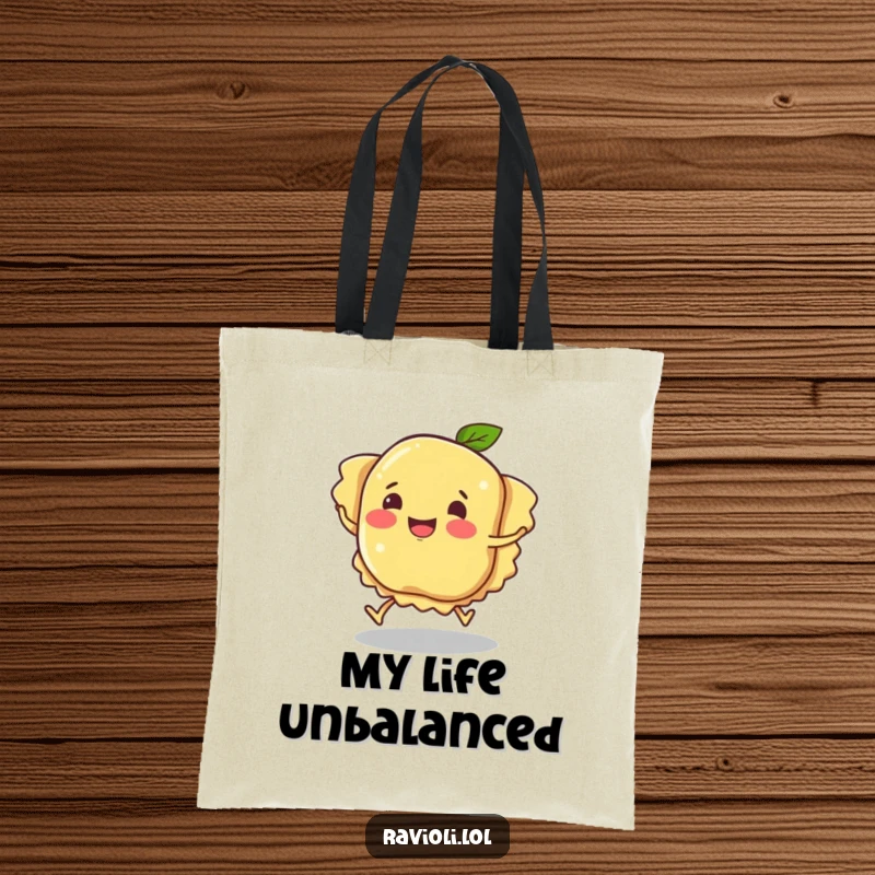 Funny ravioli character tripping, a durable tote bag showcasing pasta humor and a silly, stumbling character, excellent funny gift.
