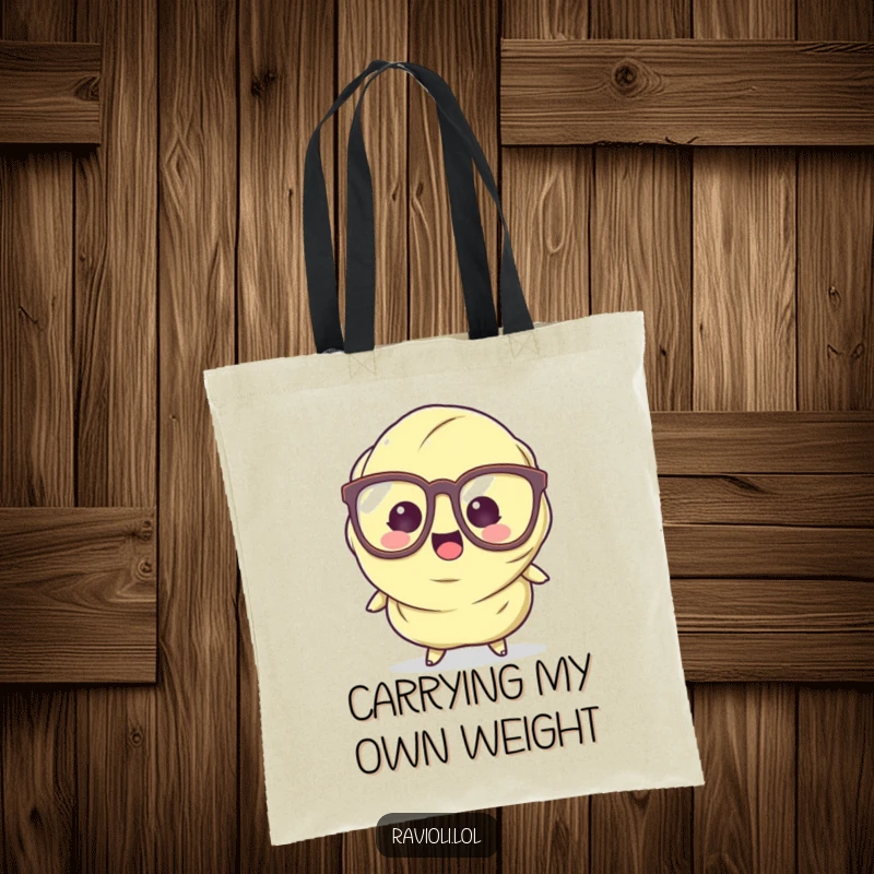 Funny Ravioli Tote Bag with a cartoon pasta character wearing big glasses and tripping, ideal for humorous shopping.