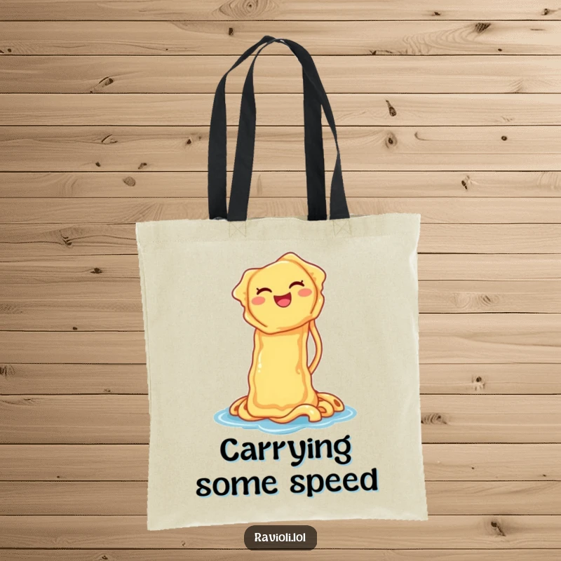 Durable tote bag featuring a funny ravioli sliding down a noodle waterslide, perfect for carrying essentials with a dose of pasta humor.