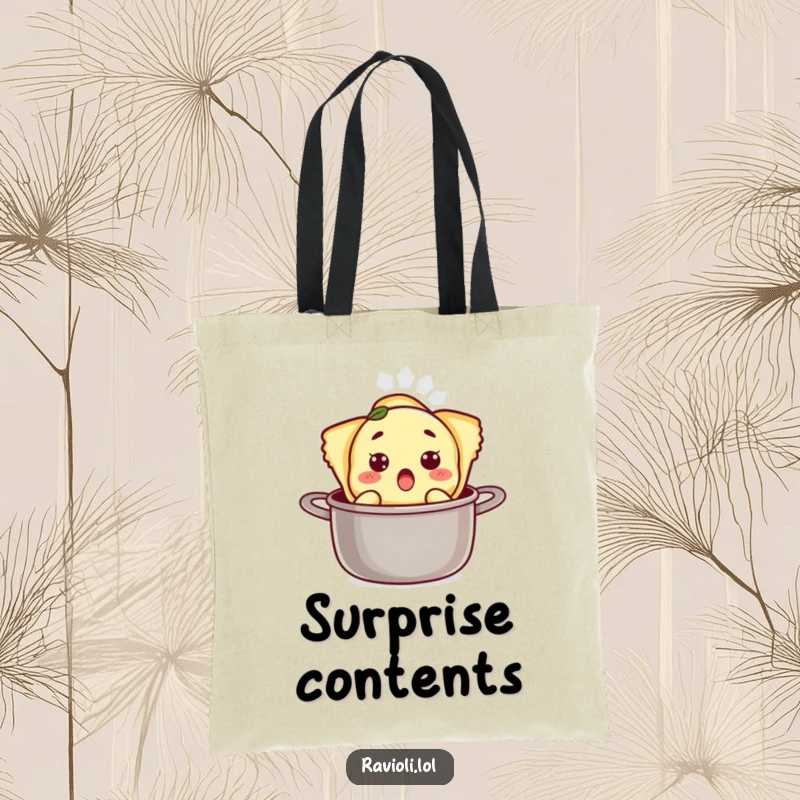 Funny ravioli character with a surprised expression popping out of a pot on a tote bag, a humorous culinary accessory.