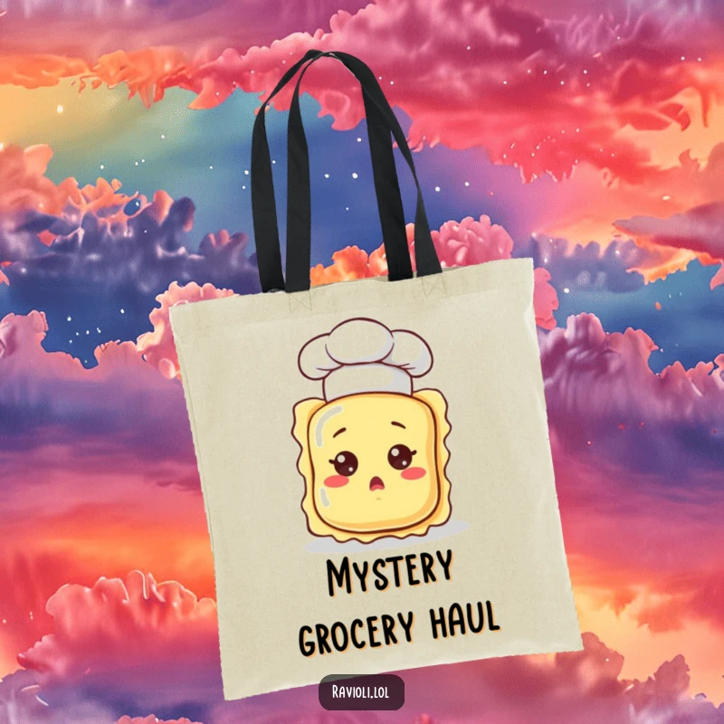 Funny ravioli character in a chef hat, looking surprised, featured on a durable tote bag for a humorous shopping experience.