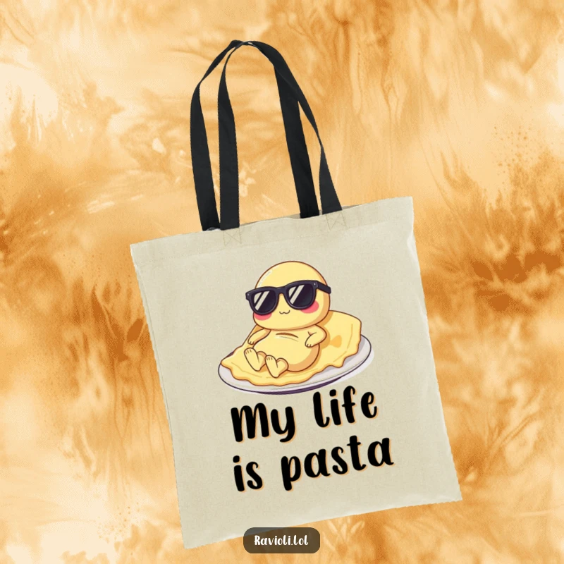 Funny ravioli tote bag showcasing a pasta character in sunglasses lounging on a plate, perfect for grocery trips or beach days.