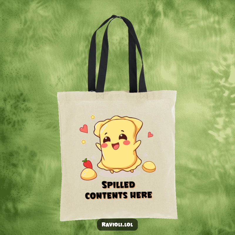 Funny ravioli character tripping and happily spilling filling, a stylish and amusing tote bag.